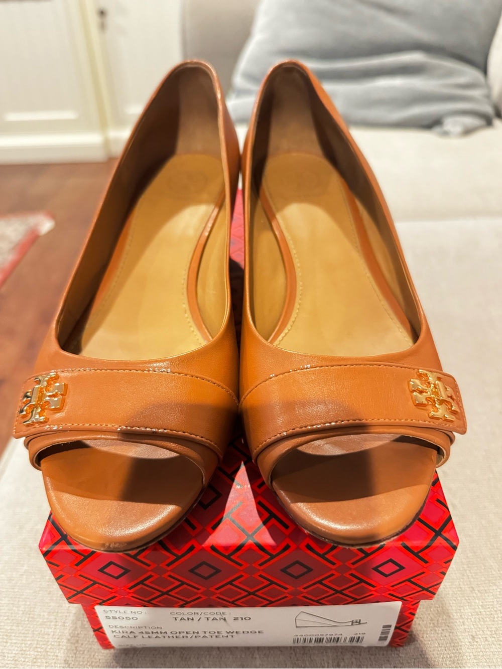 Tory Burch Tan Open-Toe Flats with Gold Logo